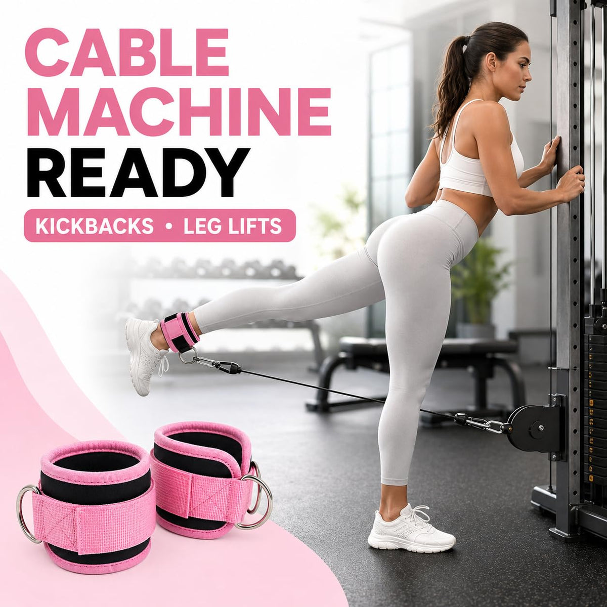 Ankle Straps for Cable Machines, Pair of Padded Neoprene Ankle Cuffs with Metal D-Rings, Adjustable Resistance Band Attachment for Glute Kickbacks, Leg and Hip Workouts(Black)