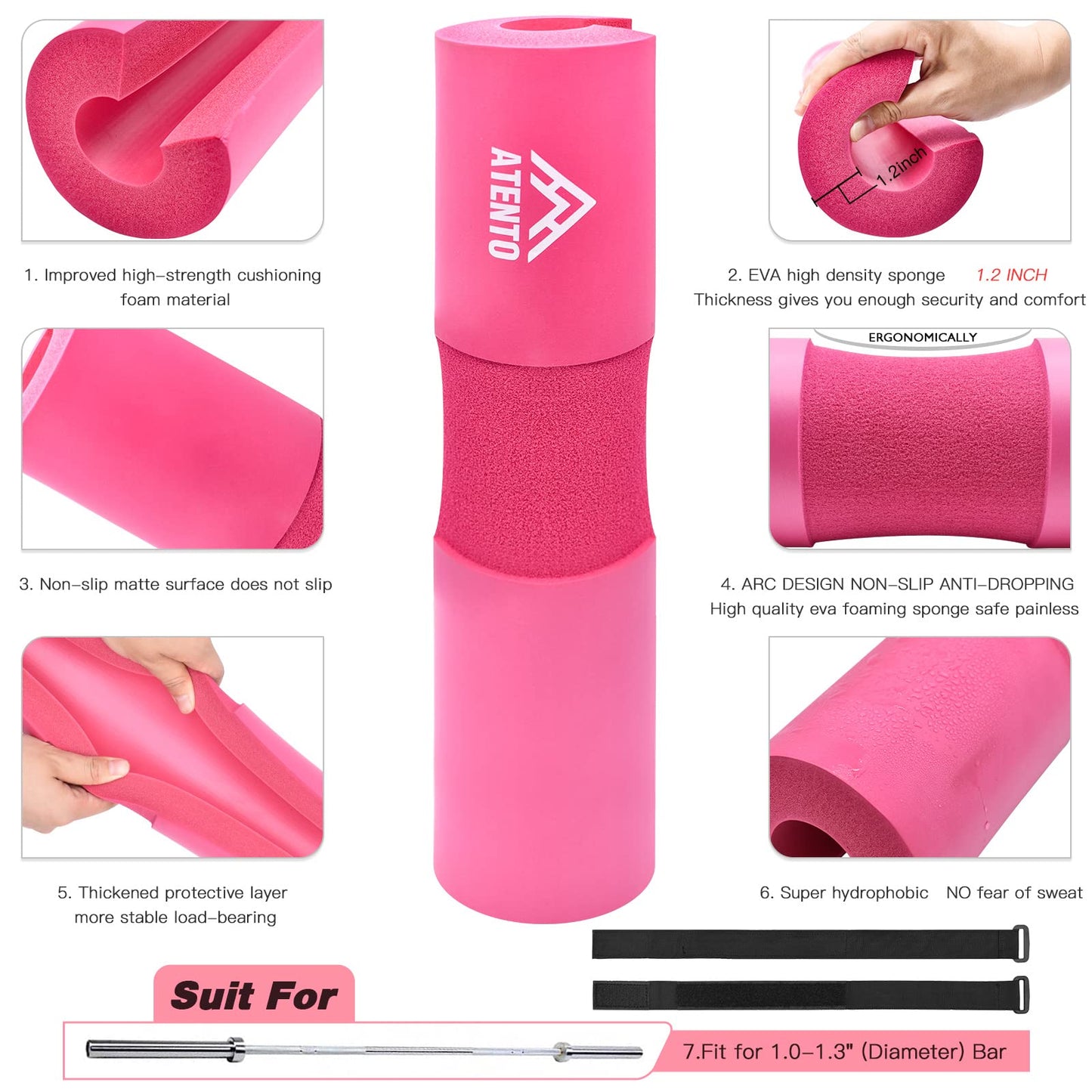 ATENTO 10 Pcs Barbell Pad Set, Hip Thrust Pad for Bench Press, Lunges, Workout, Leg Exercise, Squat Bar Pad (Pink)