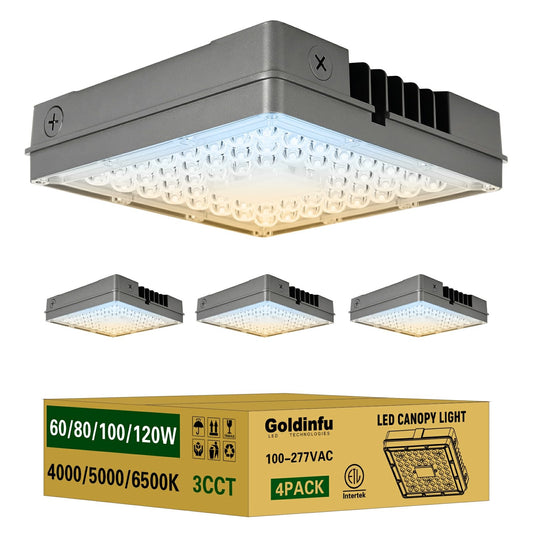 120W LED Canopy Light 4Pack, 60/80/100/120W Selectable, 3CCT 4000/5000/6500K, Commercial LED Canopy Lights Outdoor for Gas Station Carport Garage Warehouse, IP65 Waterproof, 100-277V Dim, ETL Listed