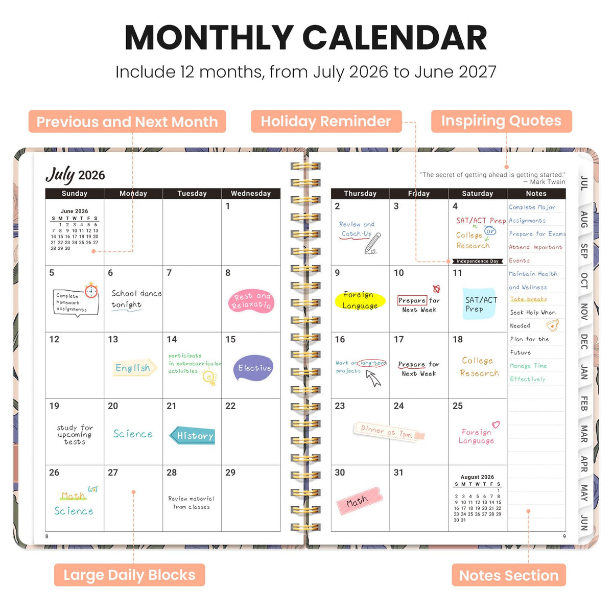 Academic Planner 2026-2027, Monthly and Weekly Calendar Planner, July 2026 - June 2027, Pretty Hardcover Teacher Student Planning Agenda Book with Tabs, Fit for School Office Supplies, 6.3" x 8.5", Lilac Garden