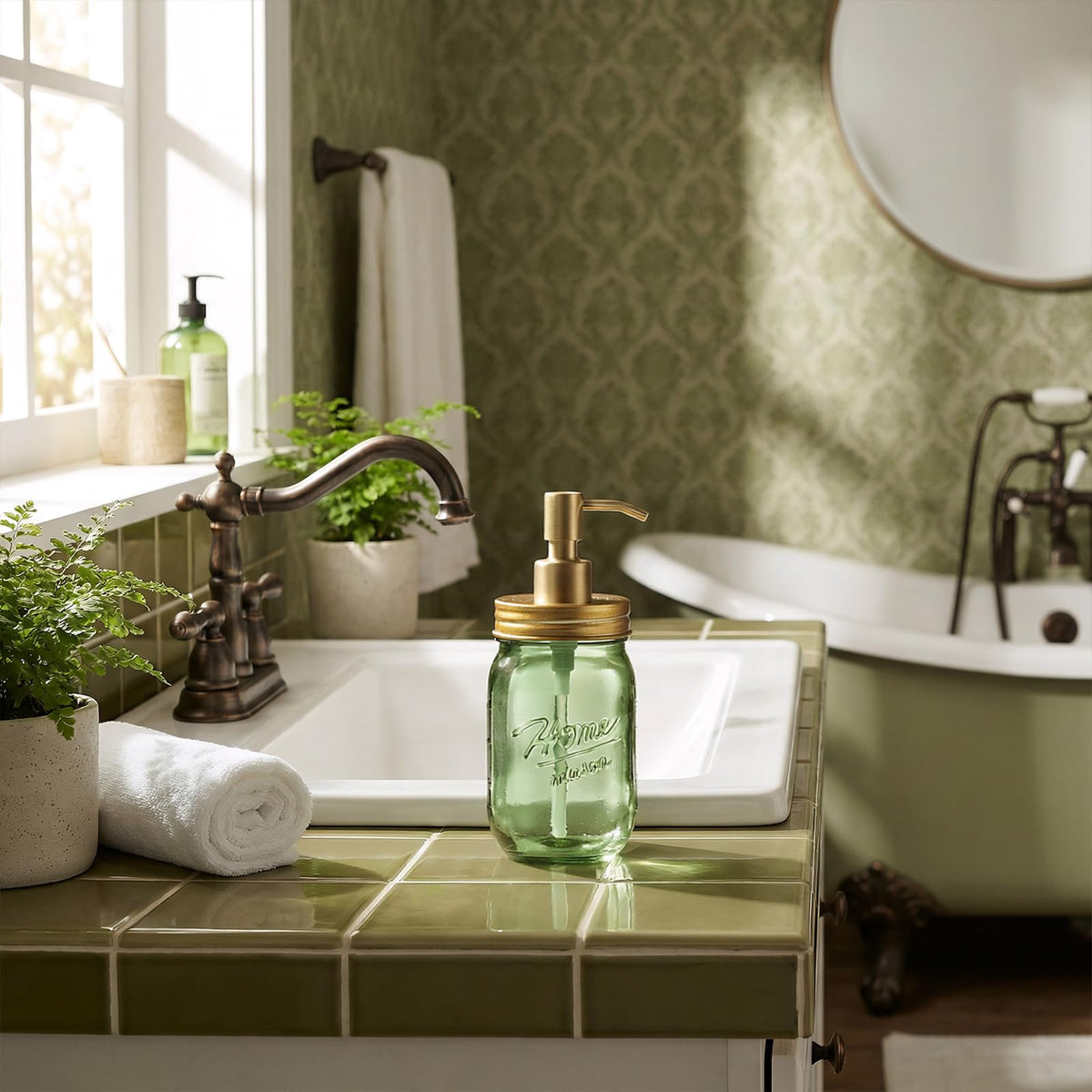 Amolliar Mason Jar Liquid Soap Dispenser, 16OZ Green Glass Hand Soap Holder, Stainless Steel Pump Lid, Refillable Lotion Dispenser, Countertop Bathroom Accessories, Kitchen Dish Soap (2 Pack, Gold)