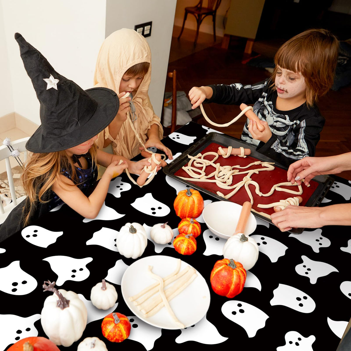 JarThenaAMCS Halloween Ghost Tablecloth Black White Cute Ghost Table Cover 60 x 104 Inch Table Cloth for Birthday Baby Shower Trick or Treat Party Supplies Decoration