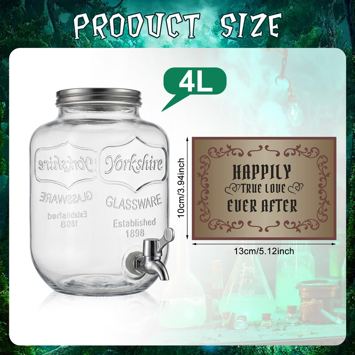 FillTouch Drink Dispenser with Love Potion Stickers, 4l Glass Beverage Jar with Faucet, Princess Fairy Tale Party Decor for Birthday Party, Fantasy Celebration