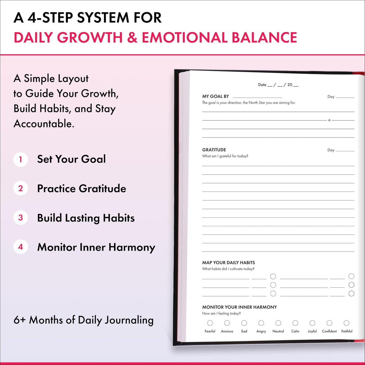 Daily Gratitude, Goal Setting & Habit Tracker Journal for Women & Men with 9-Point Emotional Wellness Scale — iAmEvolving™ 288-Page Hardcover Personal Growth Planner (Black Cover)