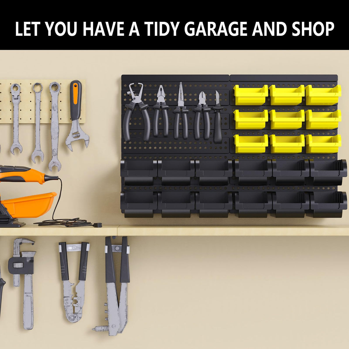SAMRELAX 30 Pcs Wall Mounted Garage Storage Bins, Wall storage Parts Bins Rack, Nut and Bolt Garage Tool Organizer Bins for Nuts, Bolts, Screws, Shop, Accessories (Black+Yellow, SMALL(30PCS))