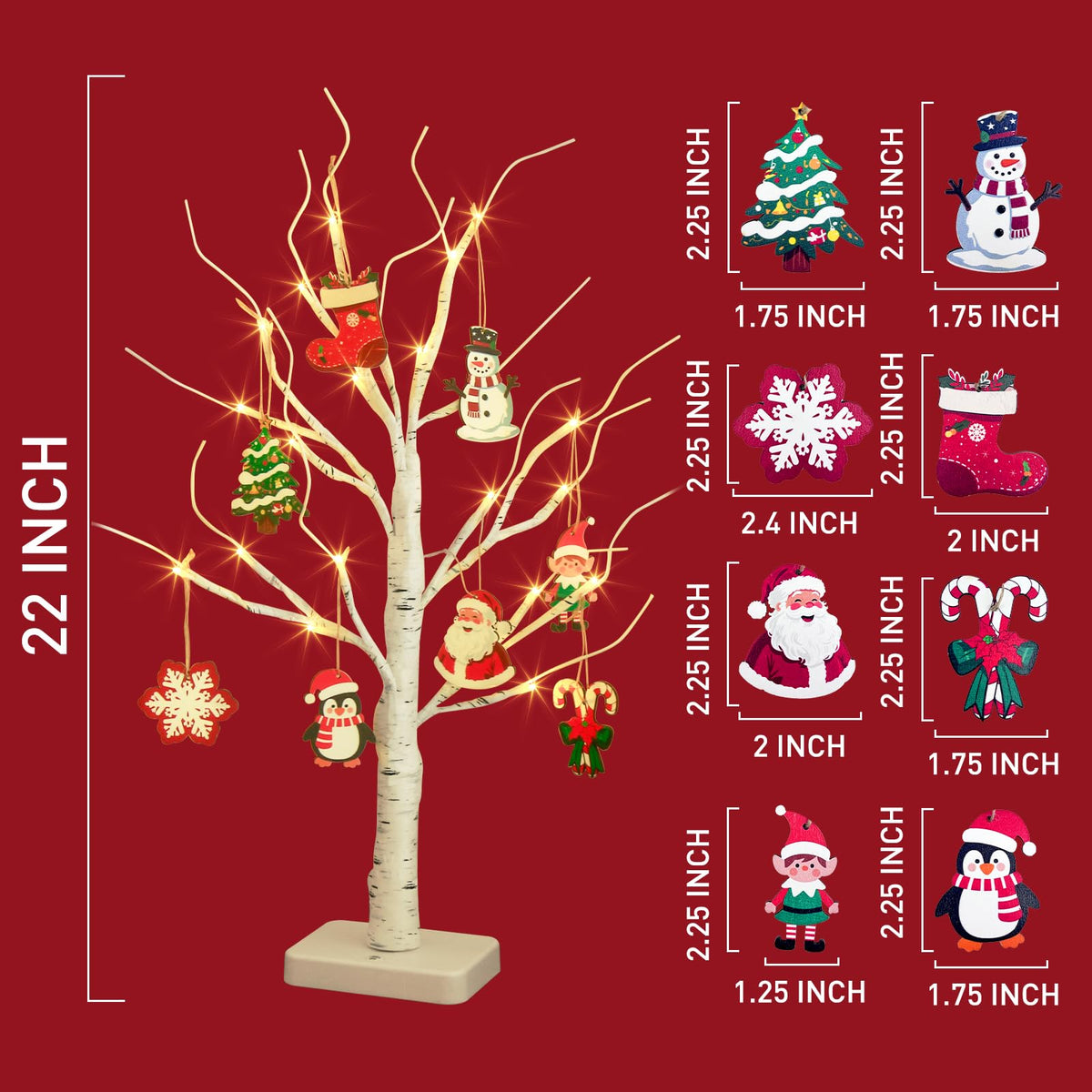 EAMBRITE Lighted Birch Tree with Christmas Ornaments, 2 Pack Small Christmas Trees with Led Lights, White Twinkling Tree Decorations Tabletop Centerpieces for Home Table Bedroom Indoor Decor (22inch)