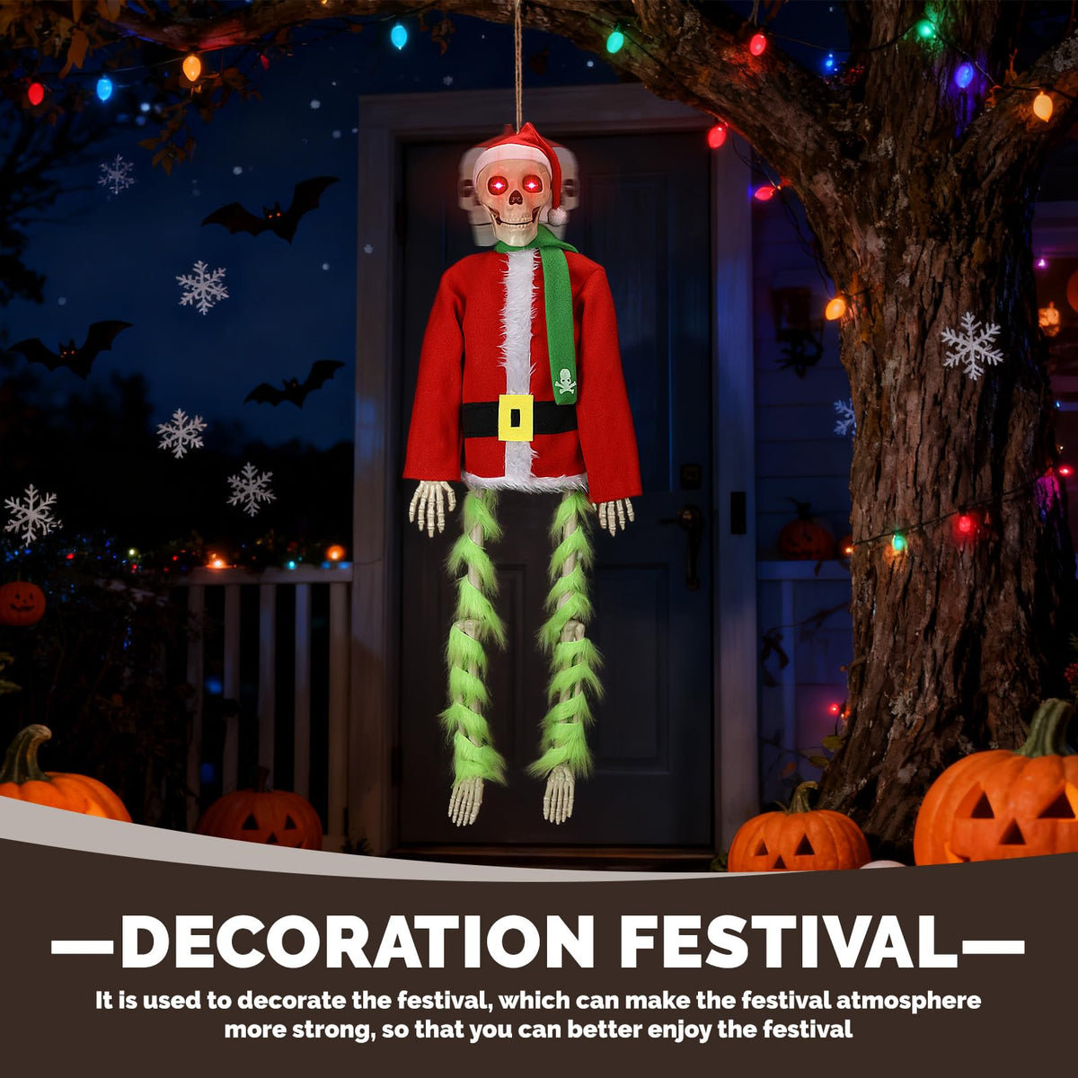 PUIWNON 4.1ft Hanging Skeleton Santa Decoration Light-Up Christmas Halloween Outdoor Decor for Garden Lawn Porch Party