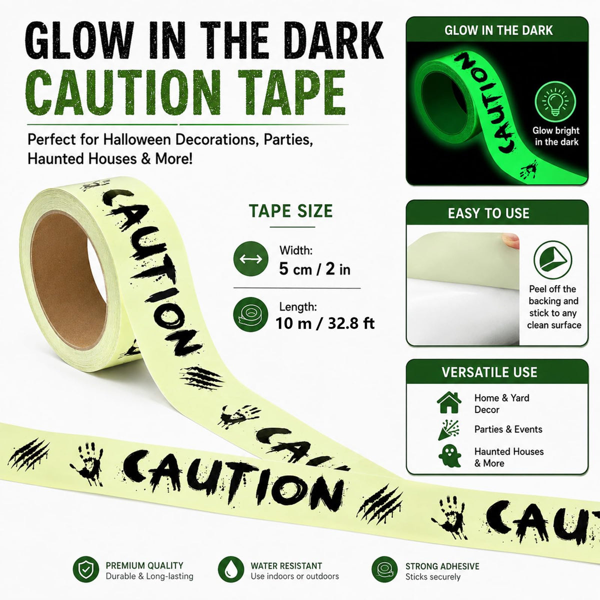 Zeptrix Glow in The Dark Halloween Decorations Caution Tape 2inx32.8ft Scary Warning Glow Tape Roll Indoor Outdoor Barricade Safety Night Decor Spooky DIY Home Party Door Danger Zones Office Yard