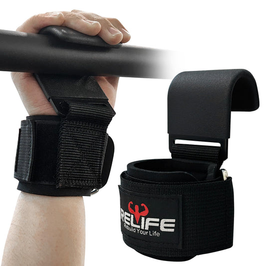 RELIFE REBUILD YOUR LIFE Lifting Hooks for Men and Women(Pair), Pull Up Straps, Gym Reapers Lifting Wrist Grips, Heavy Powerlifting, Lifting Hooks for Weight Lifting Black