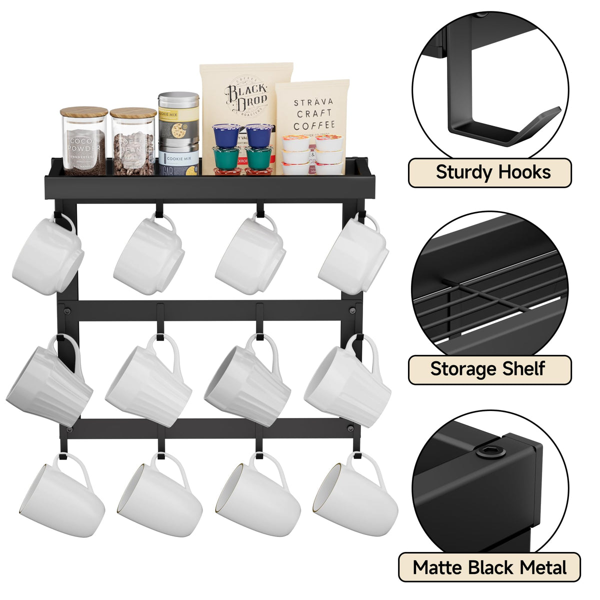 SZUGCOTD Coffee Mug Rack Wall Mounted, Rustic Metal Mug Holder Organizer with 12 Hooks and Top Shelf Cup Storage Rack for Home Kitchen Coffee Bar Station Mug Display and Collection