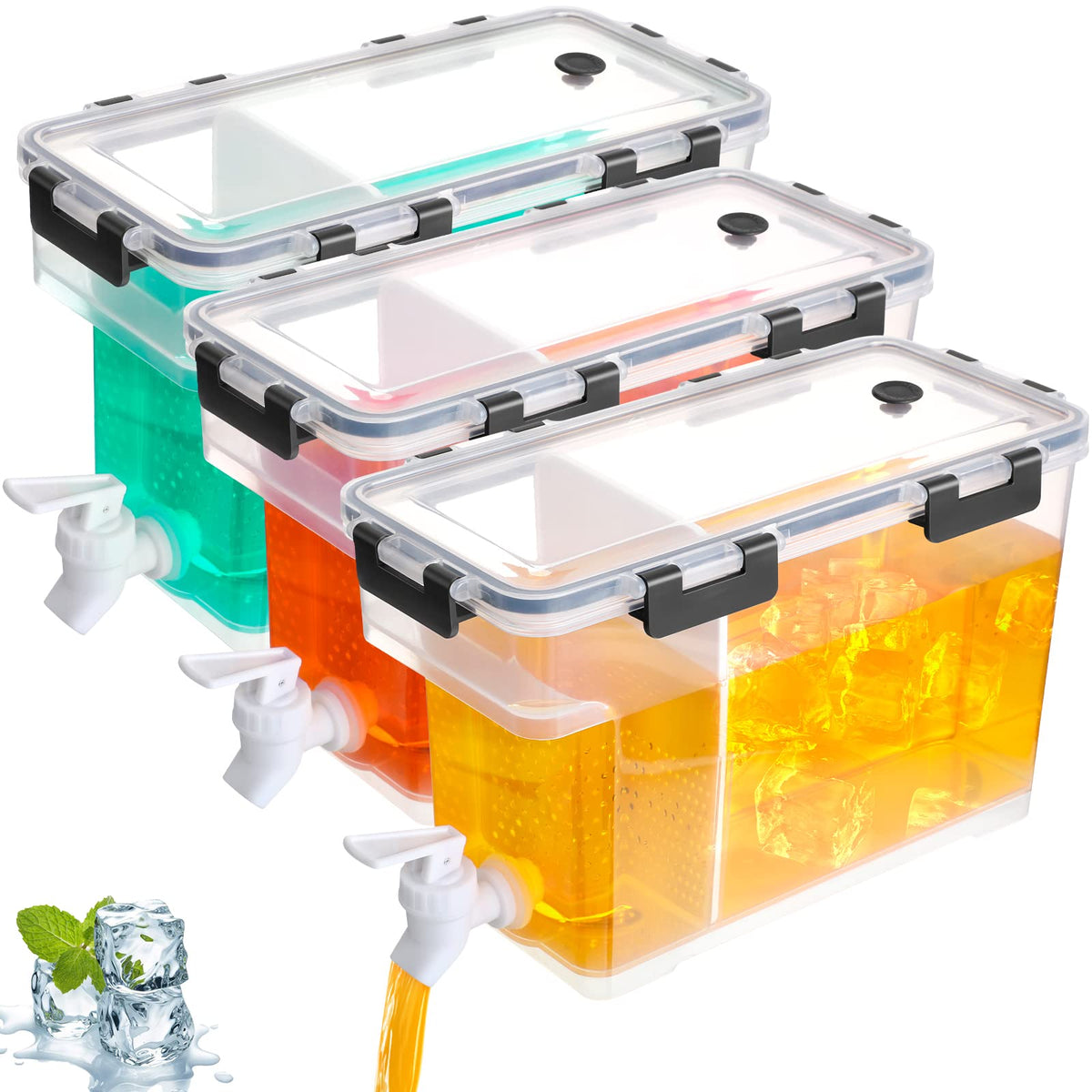 3 Pcs Plastic Drink Fridge Dispenser with Spigot, Clear Beverage Dispensers for Parties with Handle and Daily Use, Juice Milk, Tea, Containers Drink Dispenser with Lids for Fridge Water Dispensers