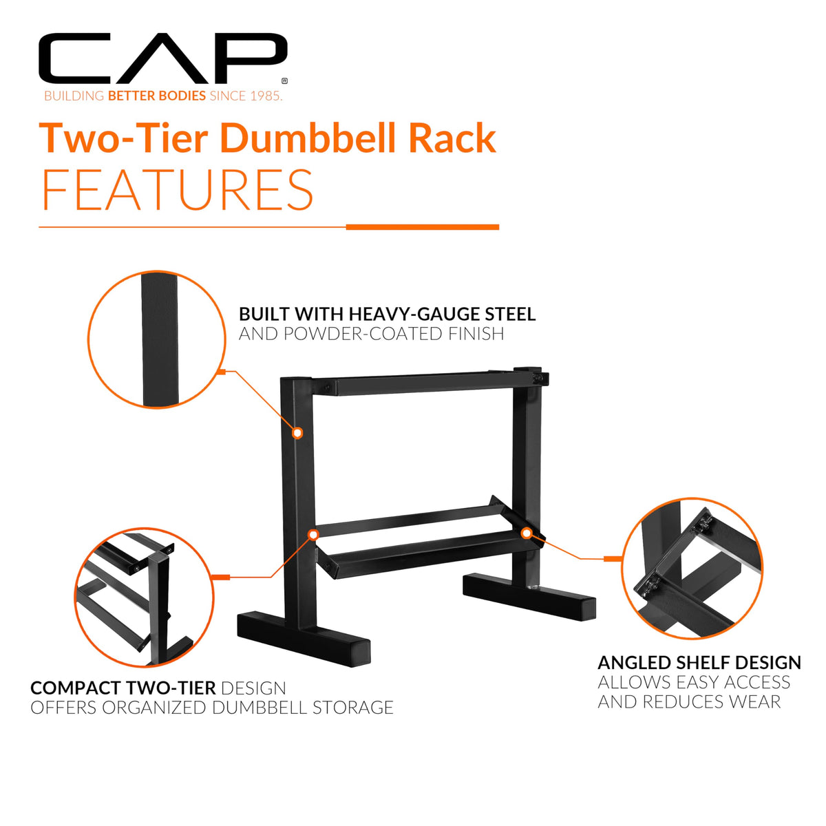 CAP Black 24-Inch Dumbbell Storage Rack for Home Gym, 2-Tier Heavy-Duty Steel Weight Rack for Hex Dumbbells, Holds 5lb - 25lb Pairs