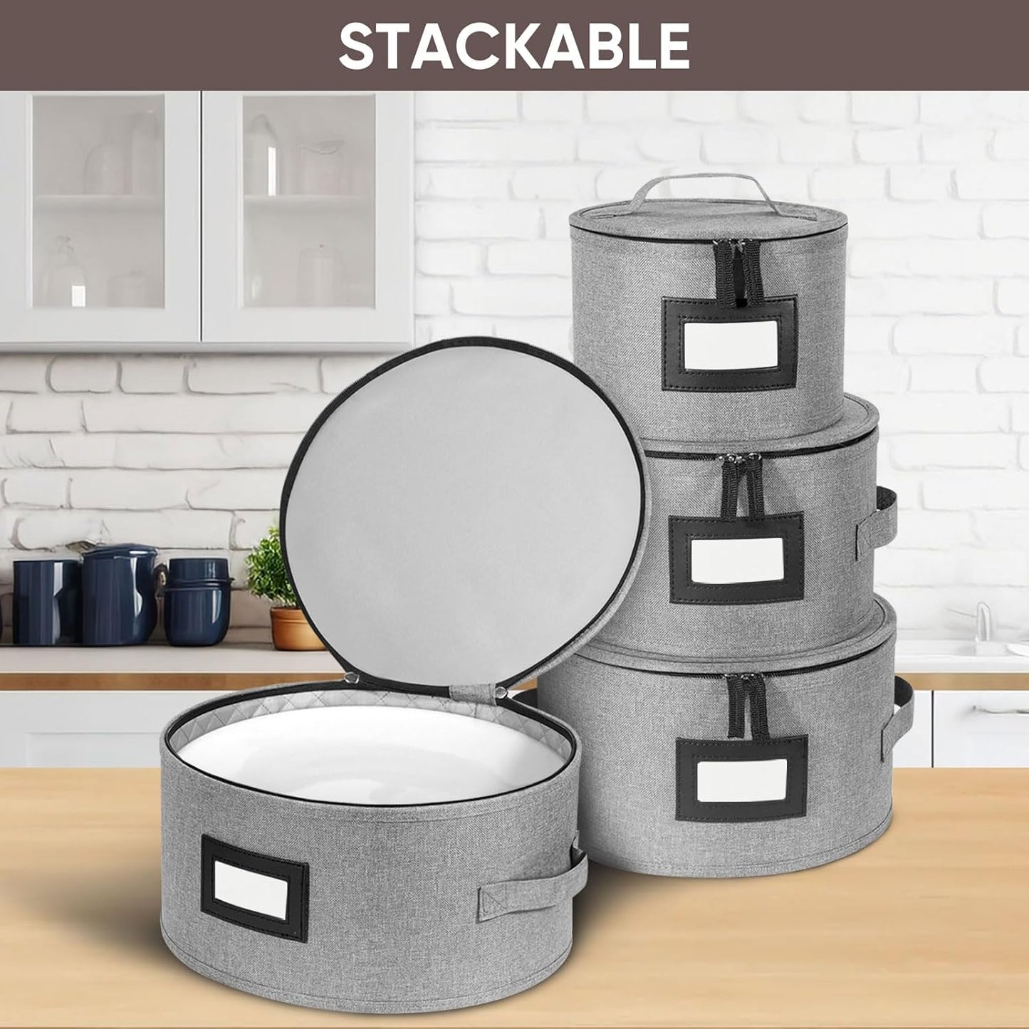 BALEINE Quilted Wine Glass Storage Containers - Sturdy Plate Organizer with Carry Handles | Hard Shell Grey