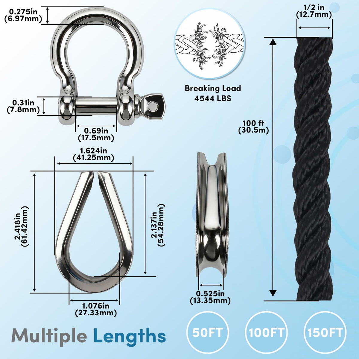 Anchor Rope 1/2 Inch 100 FT, Anchor Line 3 Strand Boat Rope with Stainless Steel Thimble & Shackle, Boat Anchor Rope Ideal for Towing Docking Mooring Boats Up to 35' - Black
