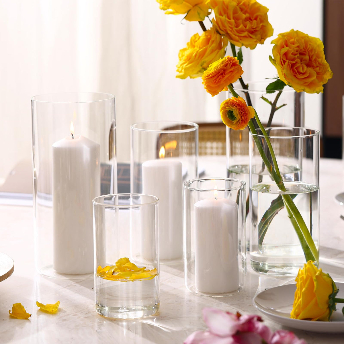 PHOSPHOR Hurricane Candle HoldersFor Pillar Candle Clear Glass Cylinder Centerpieces Vases Table Decoration Centerpiece Floral Room Decor Clear Seeded Bubbles Living Dining Kitchen 3 Pieces
