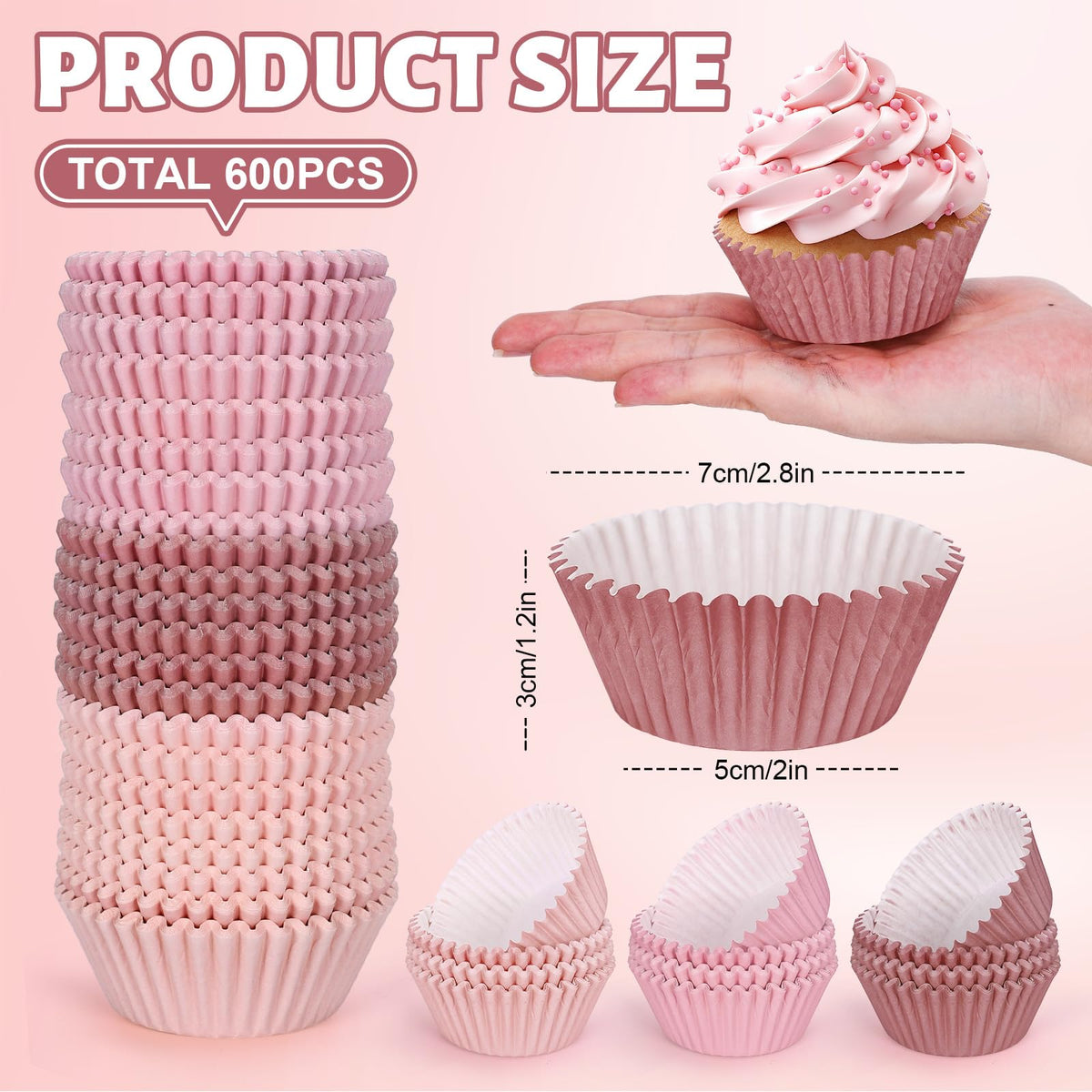 Whaline 600Pcs Dusty Pink Cupcake Liners Gradient Pink Color Baking Cups Holders Rose Cupcake Wrappers Muffin Liners for Bridal Baby Shower Wedding Birthday Party Supplies
