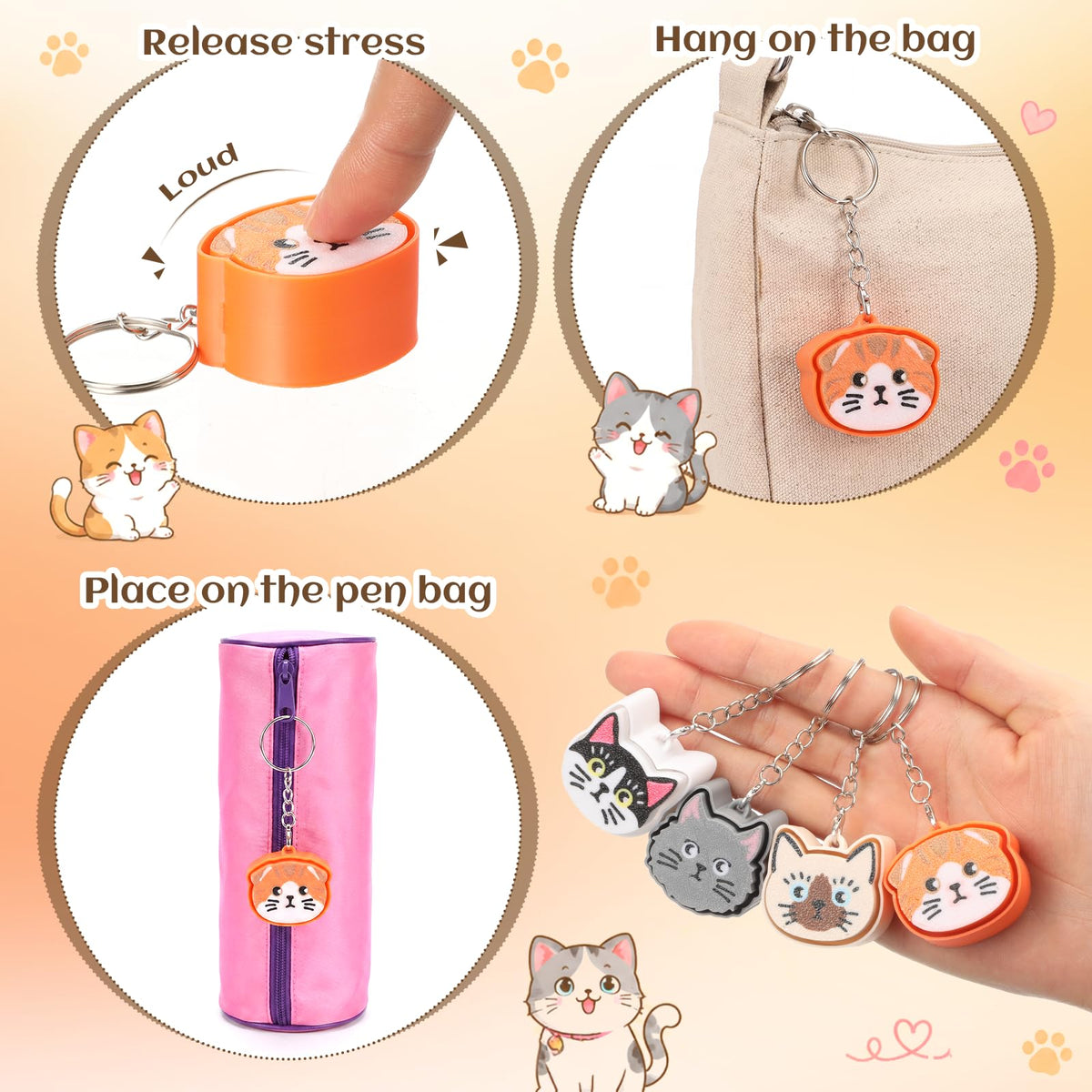 Gerrii 24 Set Cat Clicker Fidget Keychain 3D Printed Sensory Clicker Fidget Toys with Inspirational Cards Stress Relief Positive Gifts for Coworkers Teacher Graduation Party Favors (Colourful, Cat)