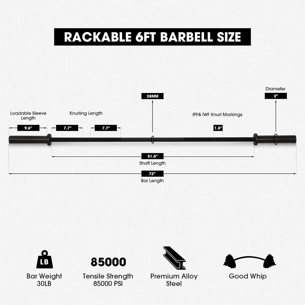 Mikolo 7ft Olympic Barbell, Barbell for Weightlifting and Powerlifting 45lb, Olympic Bar for 1500lbs Capacity, Weight Bar Fit 2” Standard Weights (6ft,Balck)