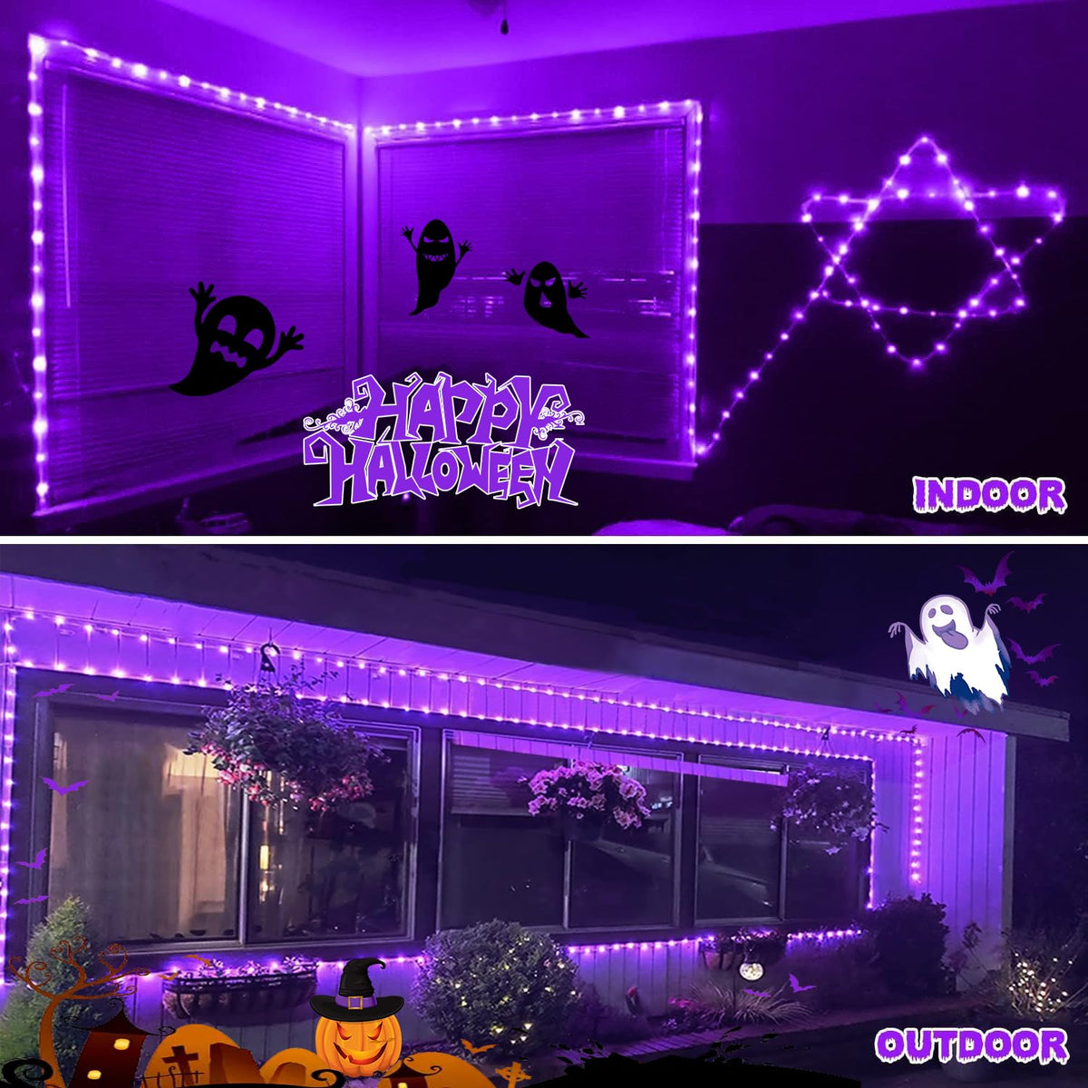 JMEXSUSS 2 Pack Purple Lights Battery Operated Halloween Lights Outdoor Waterproof, Each 33 ft 100 LED Battery Powered Rope Lights, Purple String Light with Remote for Balcony Garden Halloween Decor