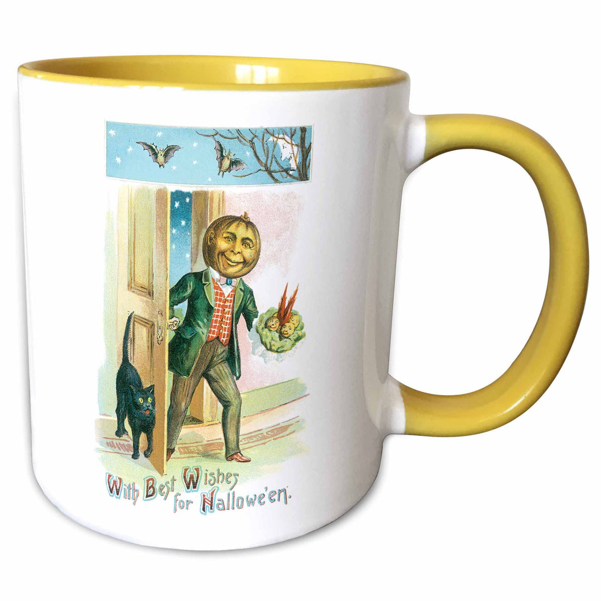 3dRose Vintage Halloween With Best Wishes with a Pumpkin Man and a Black Cat 11oz Two-Tone Yellow Mug