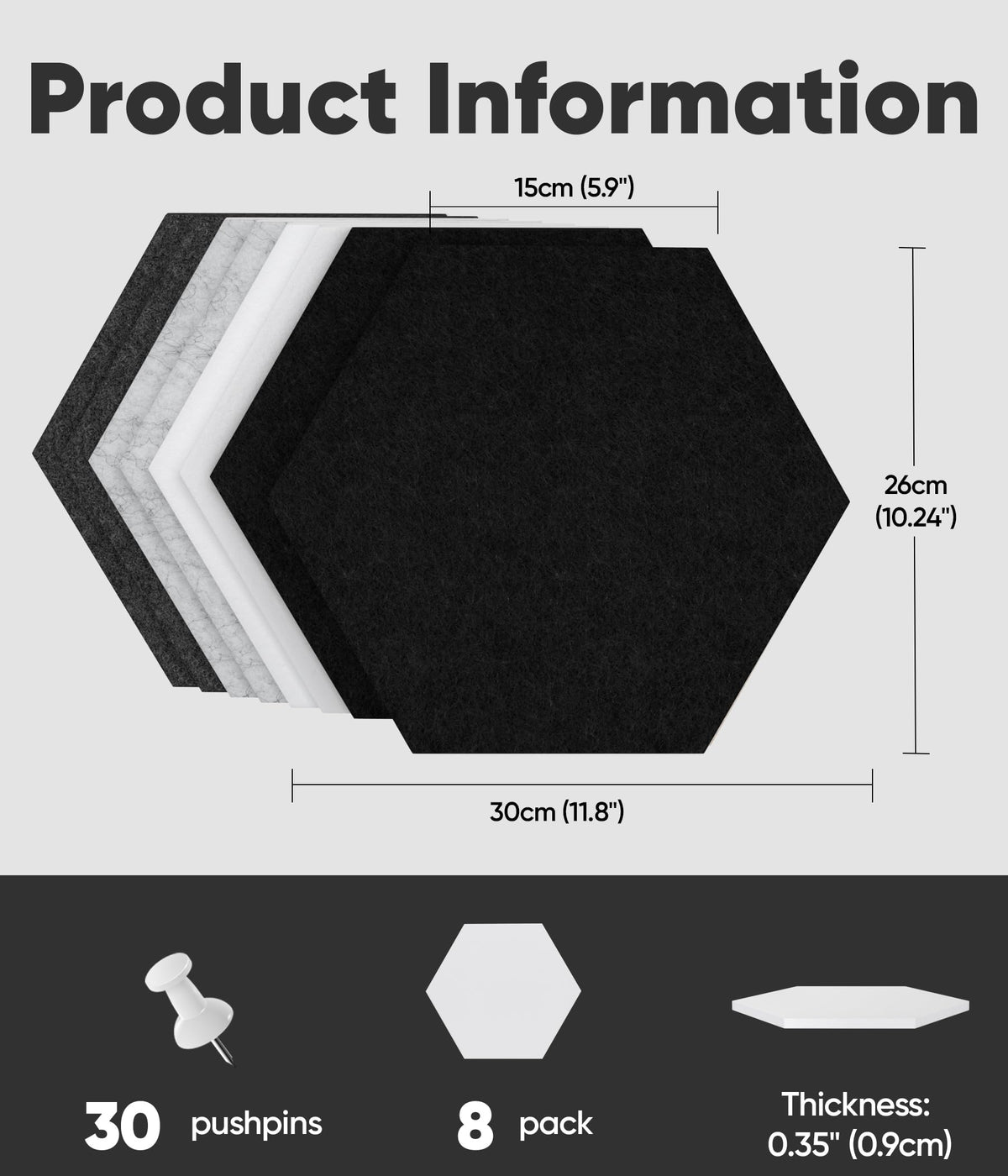 Toptople 12 Inch Large Hexagon Cork Board for Walls, 8 Pack Felt Bulletin Board Tiles, Pin Board with Push Pins for Office Photo and Note, Gradual Gray