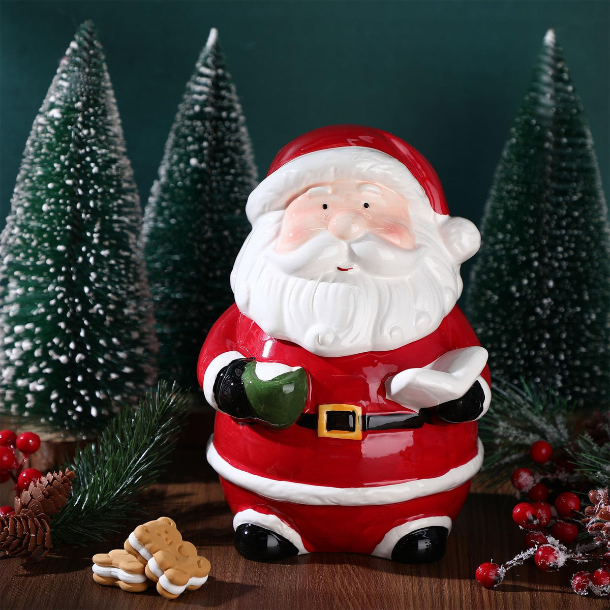 Nuogo Christmas Cookie Jar Ceramic Santa Snowman with Lids Ceramic Food Storage Container Jar for Christmas Cookies, Candy, Holiday Treats Xmas Gift Decorations (Chic Santa)