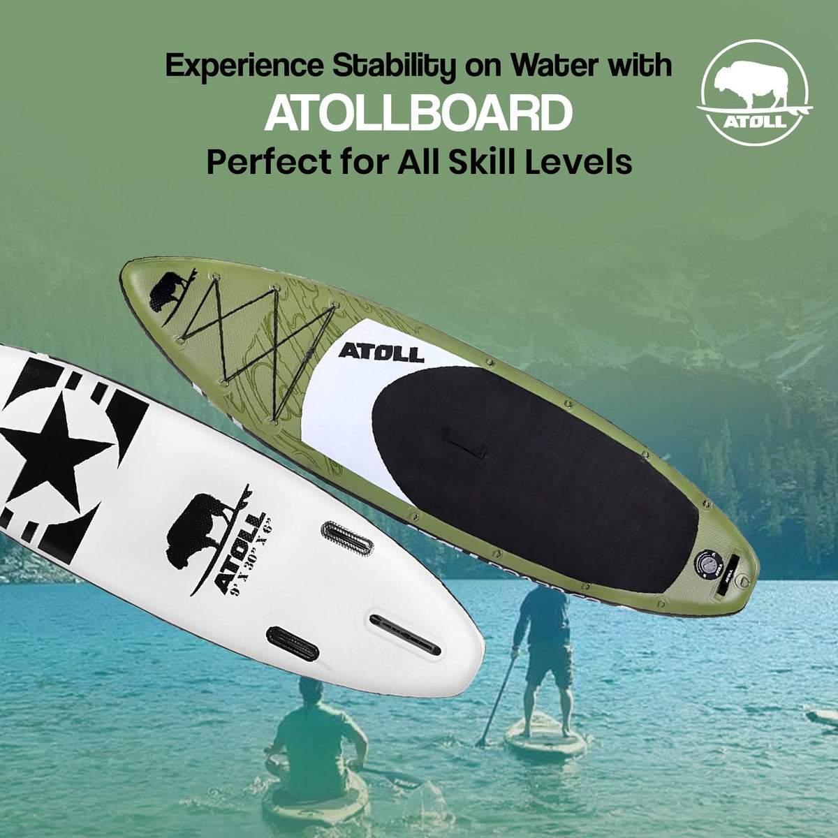 Atoll Inflatable Paddle Board with Premium SUP Stand Up Paddle Board Accessories & Back Pack, Non-Slip Comfort Deck for Unisex Adult - 11ft (Army Green)