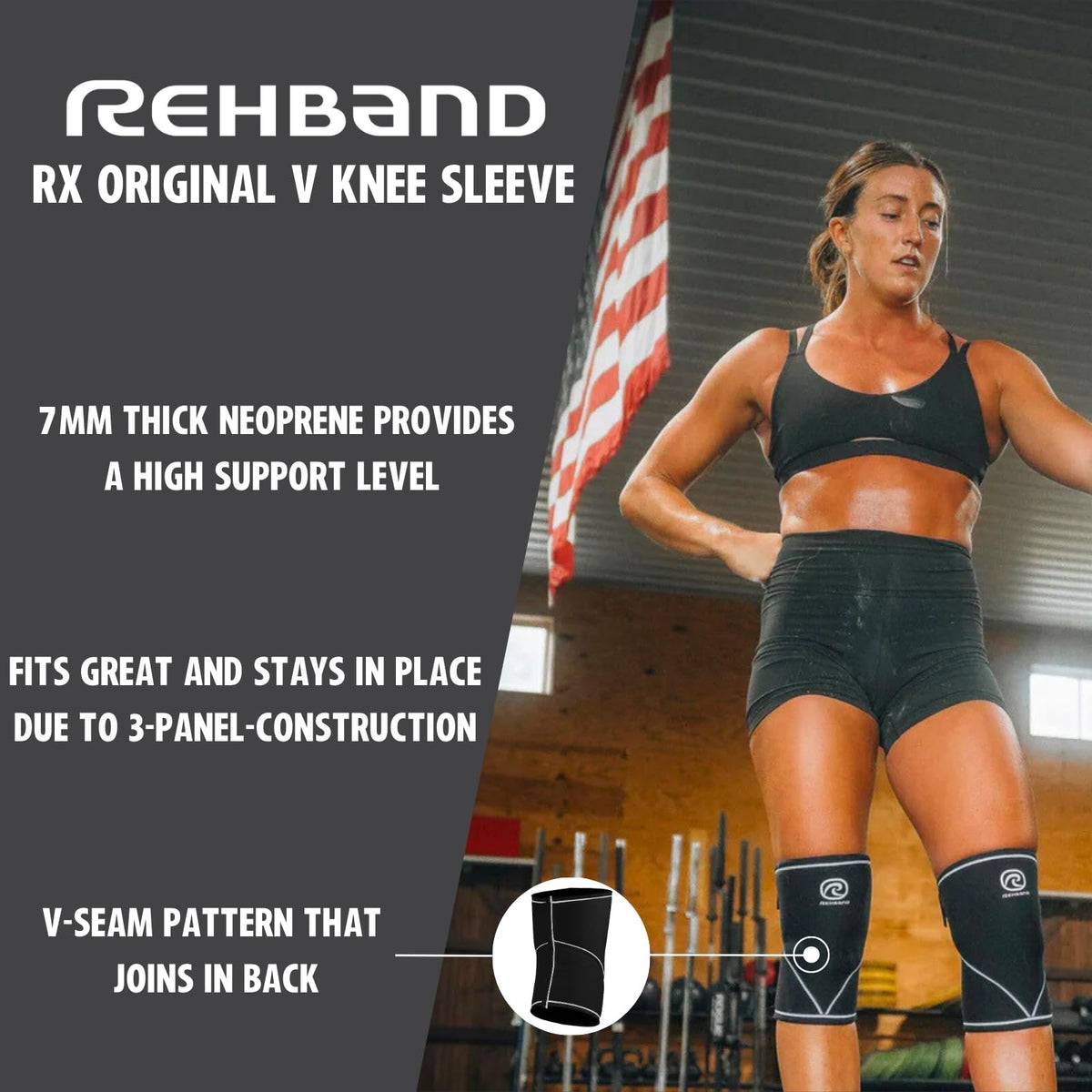 Rehband Classic 7mm V Knee Sleeve for Weightlifting, Competition Grade Powerlifting Knee Sleeve, Compression Sleeve for Crossfit, Squats, Gym & Heavy Lifts, Colour:Carbon/Black - 1 Pair, Size:Medium