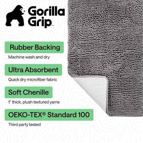 GORILLA GRIP Bath Rug Mat - Soft Absorbent Chenille | Quick-Dry Microfiber, 70x24, Grey