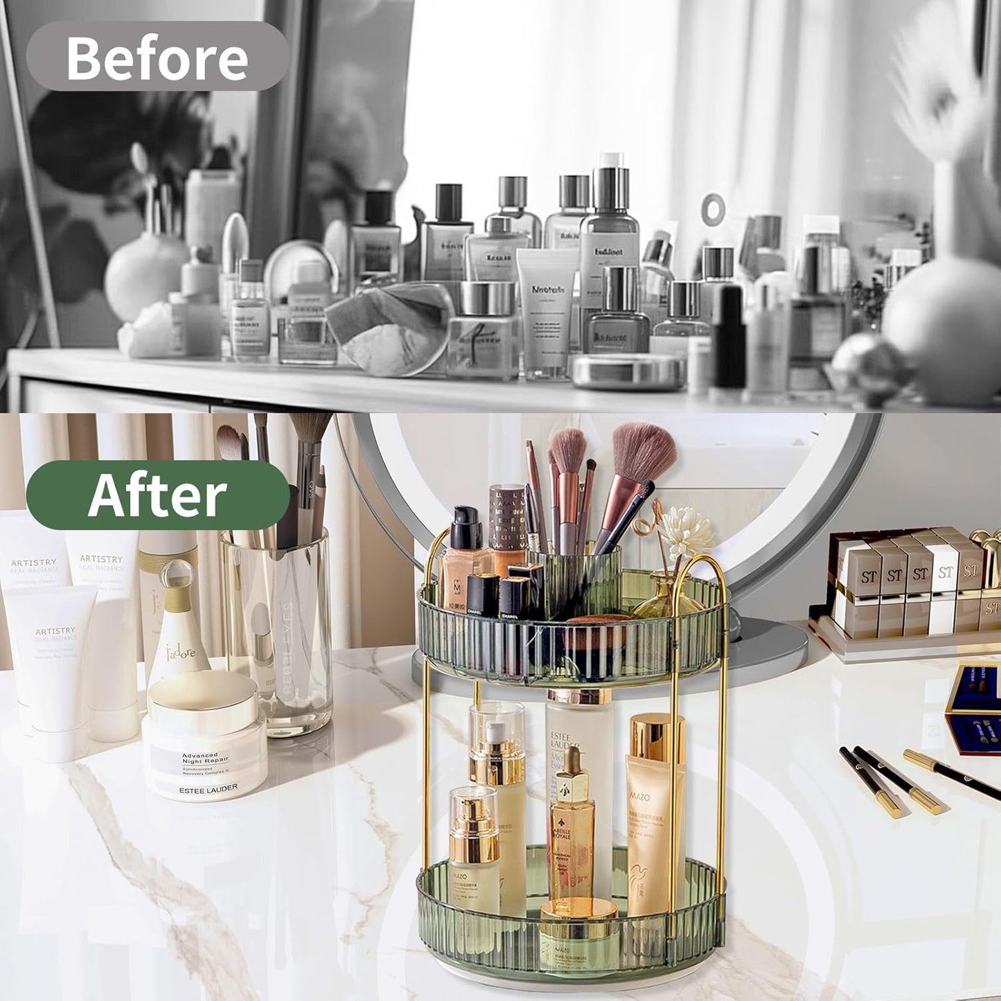 Asayuee 360 Rotating Makeup Organizer - Large Capacity 2-Tier Storage for Cosmetics & Skincare | Green