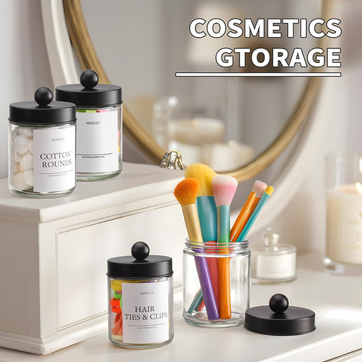 Skiennix Bathroom Organizers - 4 Pack Storage Accessories for Aesthetic Home Decor | Black Lids