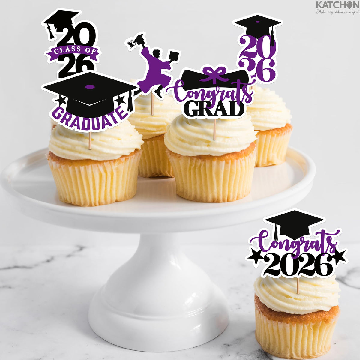 Graduation Decorations 2026 | Purple and Black Graduation Cake Topper 2026 - Pack of 36 | Graduation Cupcake Toppers 2026 for Graduation Decorations 2026, Dessert Toppers Grad, KatchOn