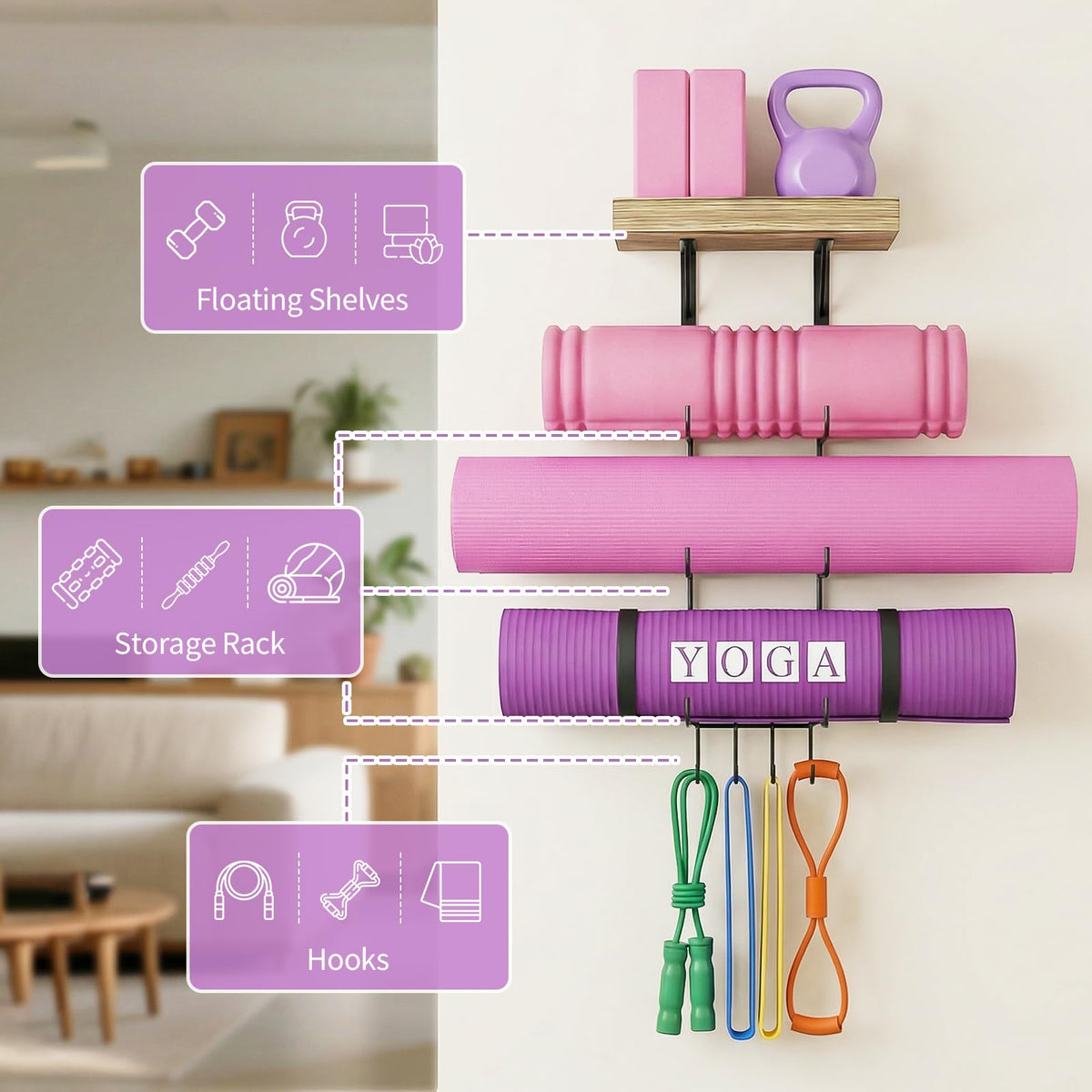 Bikoney Yoga Mat Holder Wall Mount Yoga Mat Storage Home Gym Accessories with Wood Floating Shelves and 4 Hooks for Hanging Foam Roller and Resistance Bands Fitness Home Gym Carbonized Black