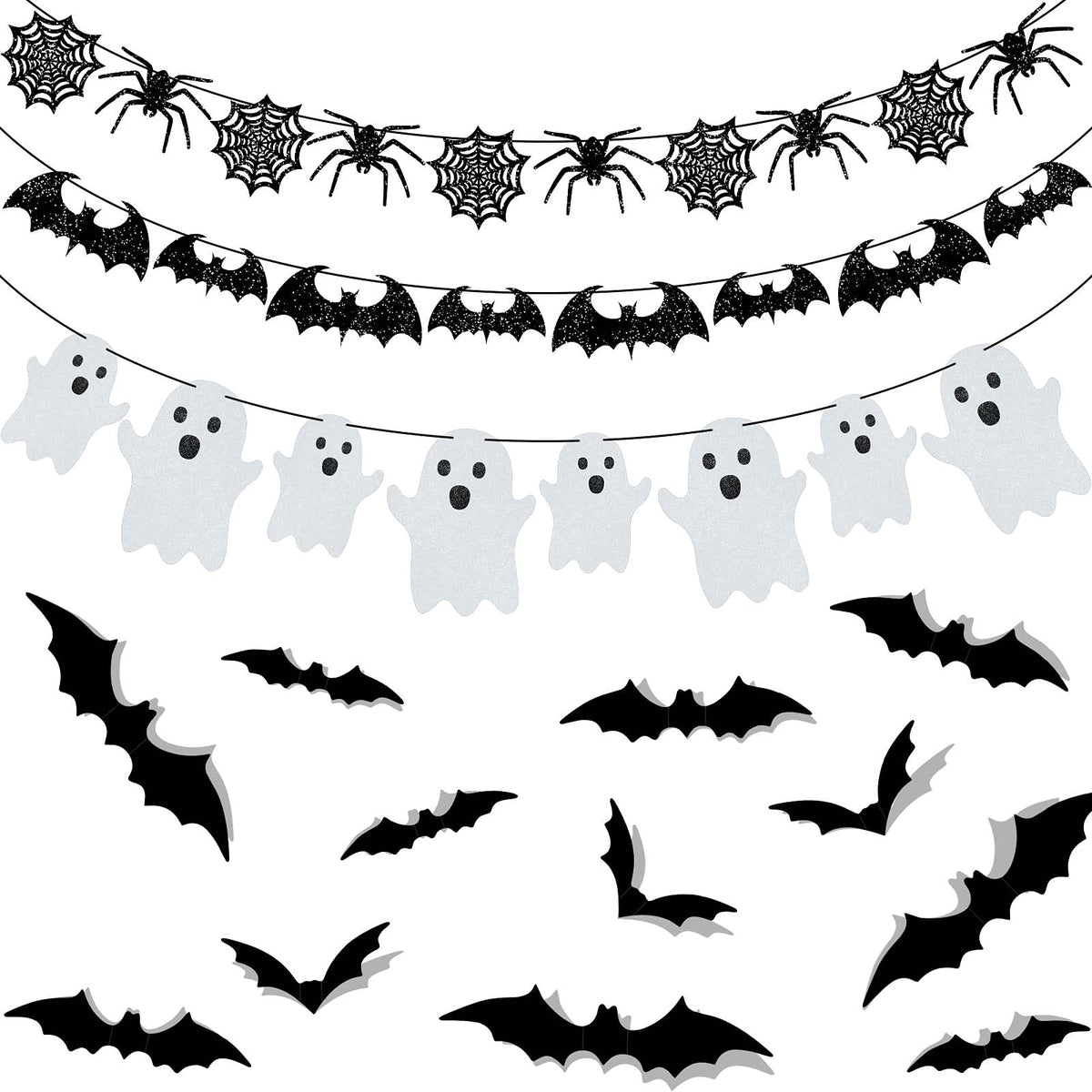 39 Pieces Halloween Decorations Black Glittery Bat Banner Spider Ghost Garland 3D Bat Wall Stickers for Halloween Party Haunted House Decoration Indoor Outdoor Mantel Supplies