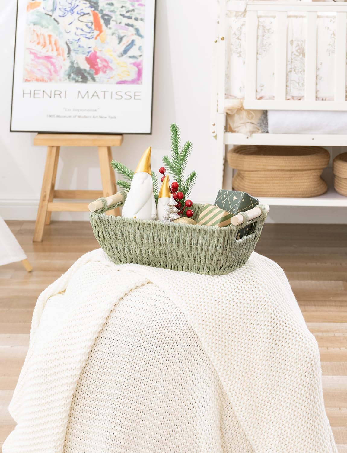 StorageWorks Round Woven Basket - Paper Rope with Wooden Handles | Bosana Green, 2-Pack for Gifts & Storage
