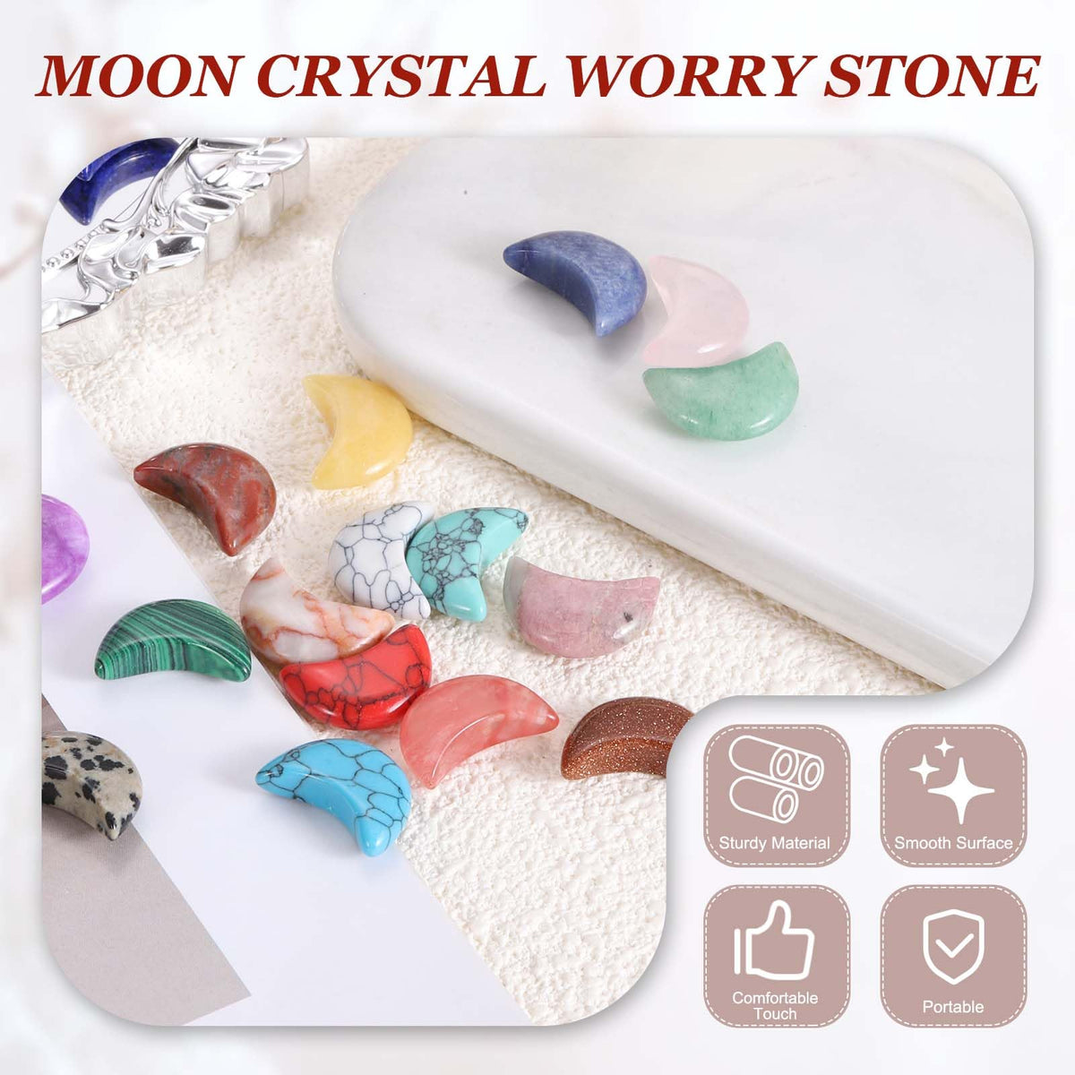 MECCANIXITY 5 Pcs Moon Crystal Worry Stone, 0.5 Inch Length Natural Malachite Crystal Moon Gemstone Bulk, Carved Pocket Stones for Meditation Balancing Pendant Decor
