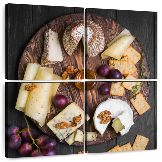 ElephantStock - Cheese Charcuterie Board Wall Art - Square Multi Panel Canvas - 4 Piece Dining Room Wall Decor - Photography Food And Drink Multi Piece Wall Art - Gray And Brown Decor - 45" x 45"