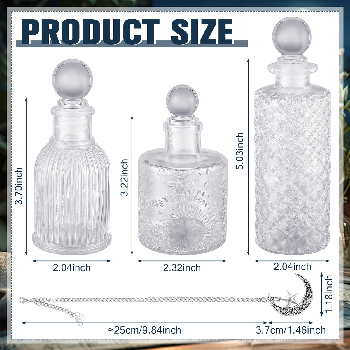 Potchen 3 Pcs Moon Energy Glass Bottle with 3 Lunar Star Spiritual Moonlight Water Jar Chain Charging Container with Lid for Infusing Intentions Crystal Cleansing Meditation Witchcraft Home Decor