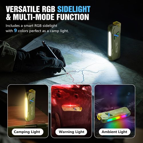 Ciwuzxs EDC Rechargeable Flat Flashlight 1000 Lumens White LED/UV/RGB Ambient Signaling Flashlights, Magnetic Clip on Pocket Light for Outdoors, Emergency, Working (1, Green, Compact)