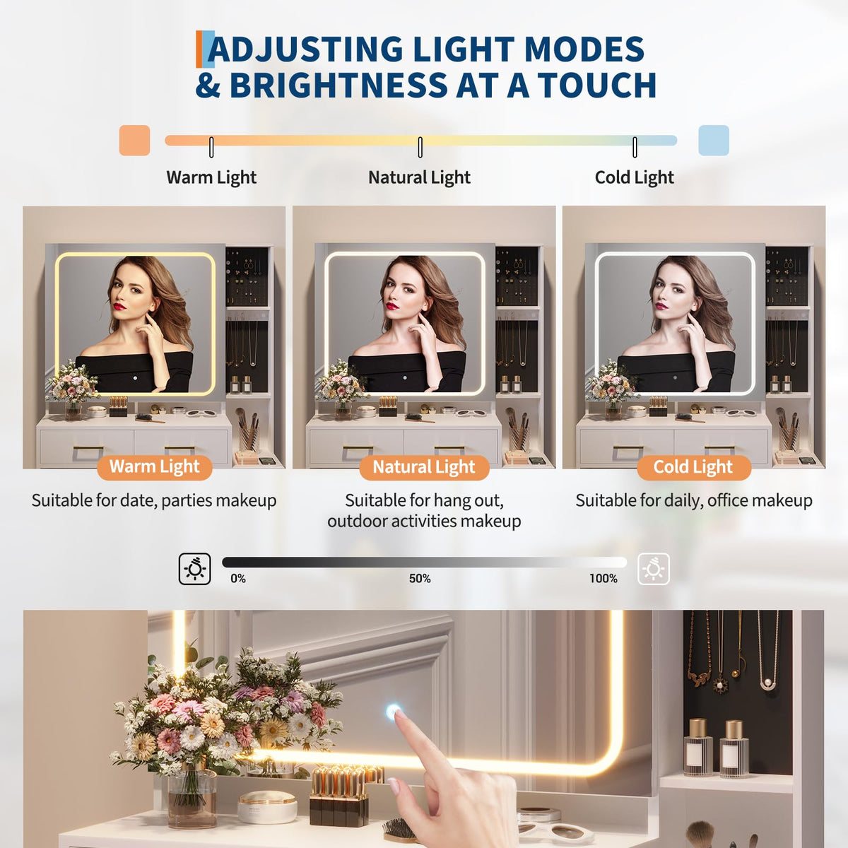 IDEALHOUSE Vanity Desk with Mirror and Lights, Makeup Vanity Set with Drawers & Chair, 3 Light Mode and Brightness Adjusted & Power Outlet, Dressing Table with Hairdryer Holder for Bedroom