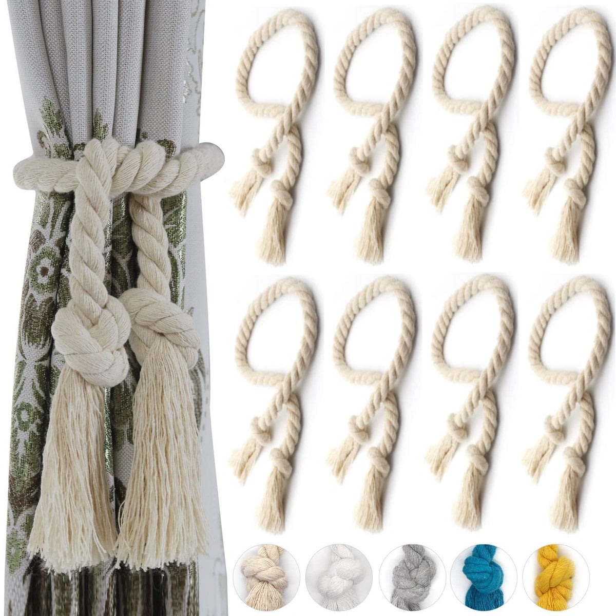 Yteseery 8 Pack Curtain Ties, Outdoor Curtain Tiebacks, Natural Cotton Curtain Holders, Village Rural Rustic Curtain Holdbacks, Nautical Curtain TieBacks Rope for Patio Drapery Pergola Drapes, Beige