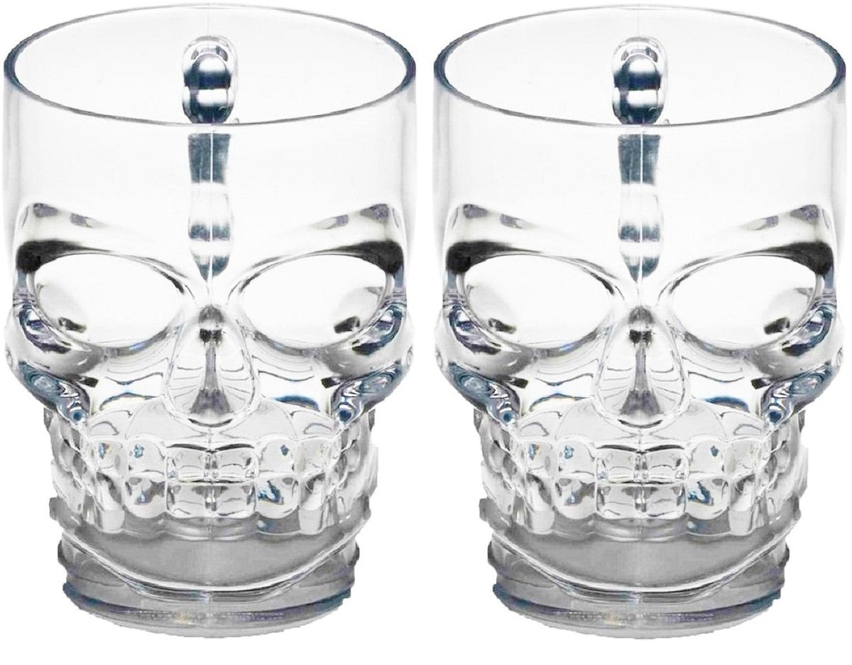 Circleware Skull Face Beer Mug Drinking Glasses with Handle, Set of 2, Heavy Base Funny Entertainment Glassware for Water, Juice and Halloween Decorations Beverage Gifts, 17.6 oz.