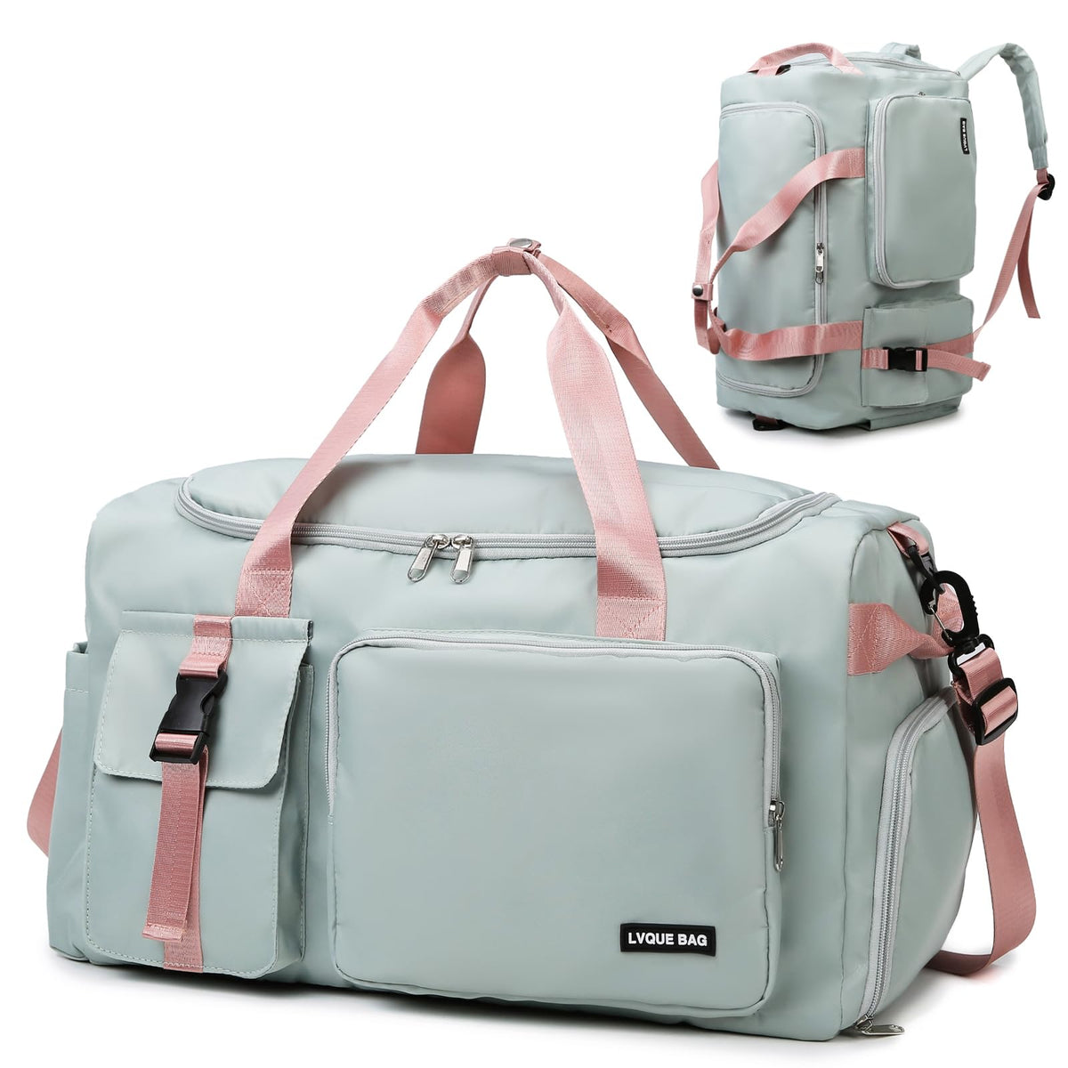 Eslcorri Gym Duffle Bag for Women Men, Sports Backpack with Wet & Shoe Compartment, Fitness Overnight Weekender Bag for Yoga, Swim, Travel (Style B, GreenPink)