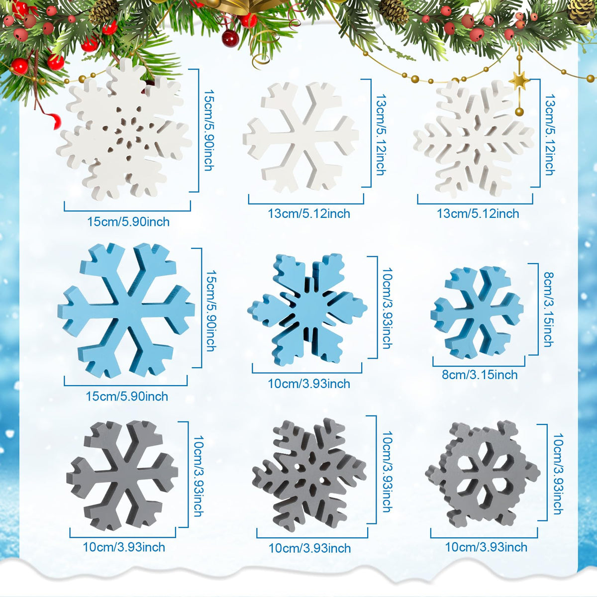 Kajaia 9 Pcs Winter Wooden Snowflake Decor Winter Wood Snowflake Block White Gray Blue Snowflakes Decorations Table Decor Christmas Standing Sign for Xmas Fireplace Mantel Home