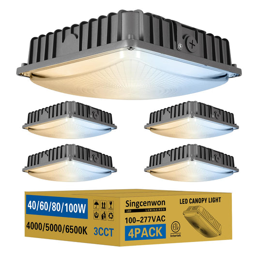 100W LED Canopy Light 4Pack, Selectable Wattage 40/60/80/100W, 3CCT 4000/5000/6500K, Commerical LED Canopy Lights Outdoor, Gas Station Square led Light for Garage Carport, Dim 100-277VAC, ETL Listed