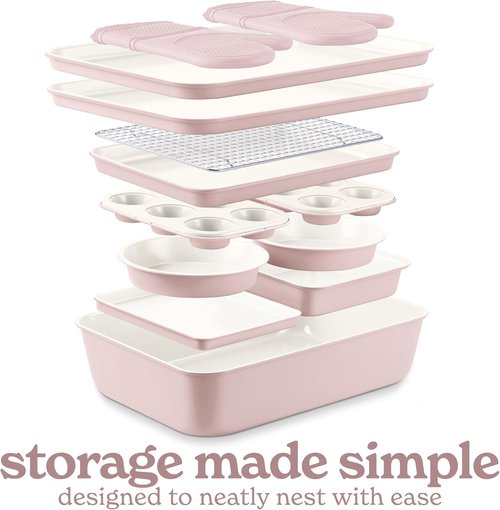 Country Kitchen Nonstick Bakeware Set - Durable, Easy Release 13-Piece Stackable Set in Pink