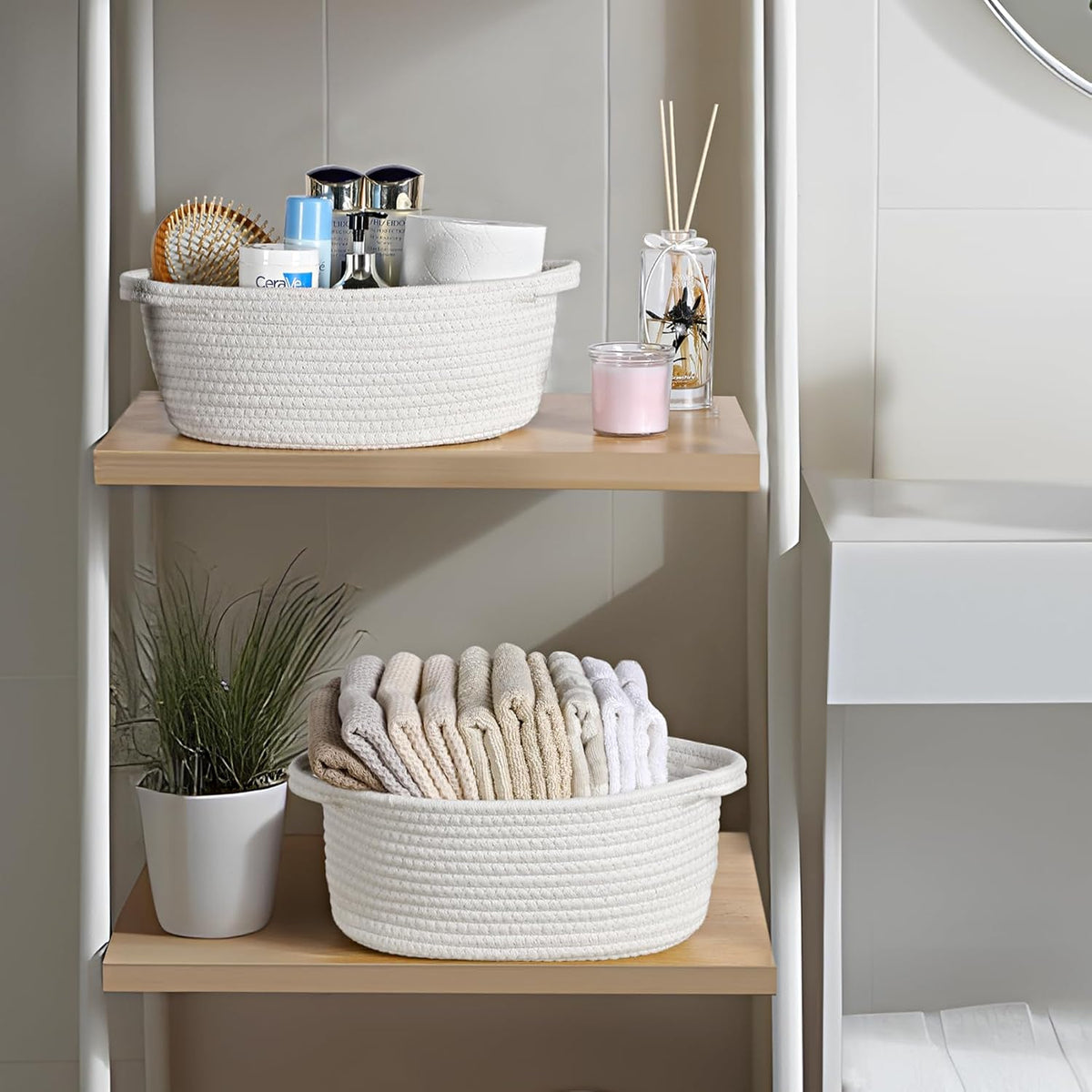 Skiennix Small Woven Baskets - Cute Nursery Storage with Gift Bags & Ribbons | 12"x 8"x 5", White