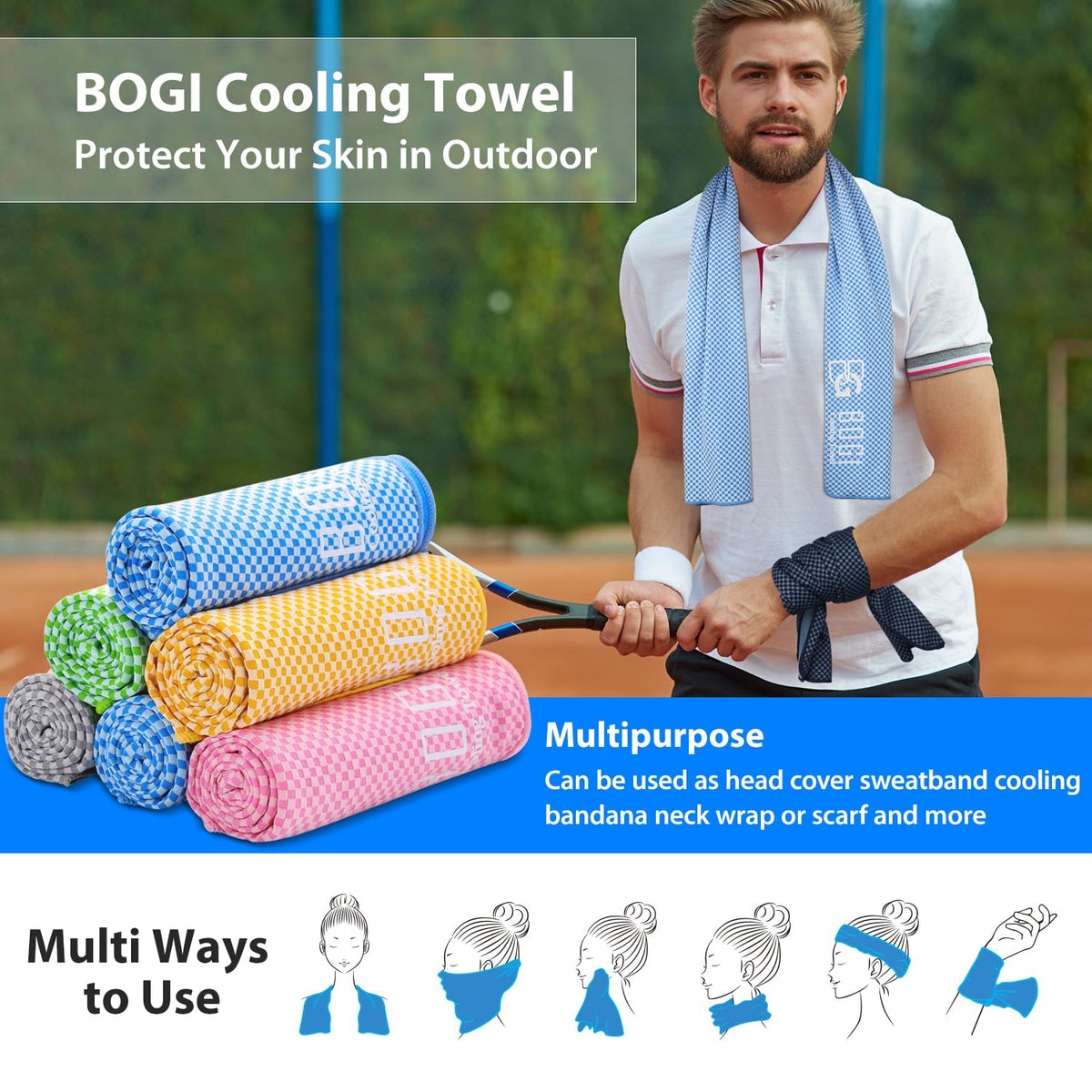 BOGI 2 Pack Cooling Towel, Cooling Towels for Neck and Face-40"x12"- Ice Towel for Instant Cooling, Soft Breathable Chilly Towel, Stay Cool for Yoga, Sport, Gym, Camping & More Activities(Blue+Pink)