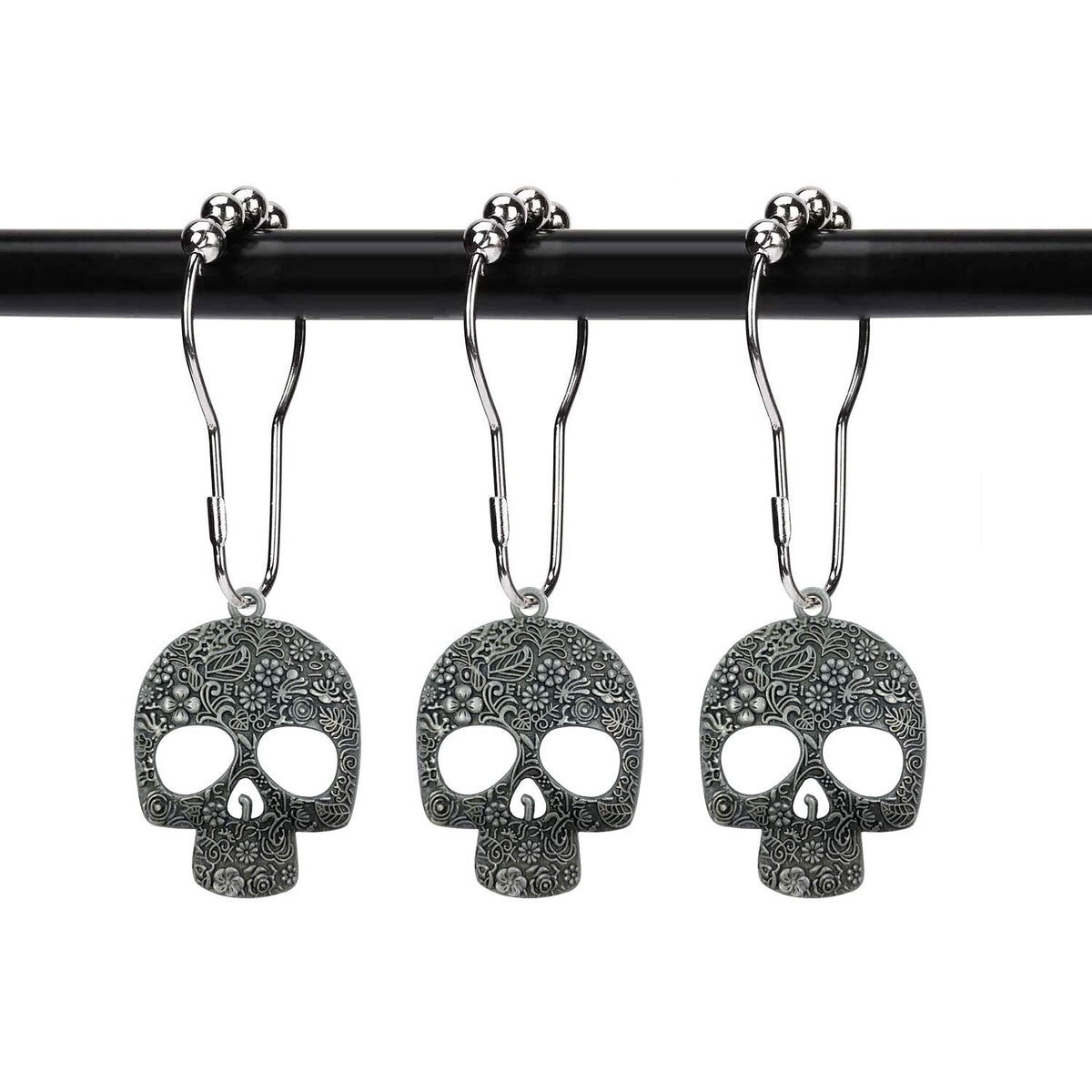 ZILucky Set of 12 Sugar Skull Shower Curtain Hooks Decorative Home Bathroom Stainless Steel Rustproof Skeletons Shower Curtain Rings Decor Accessories (Pewter)
