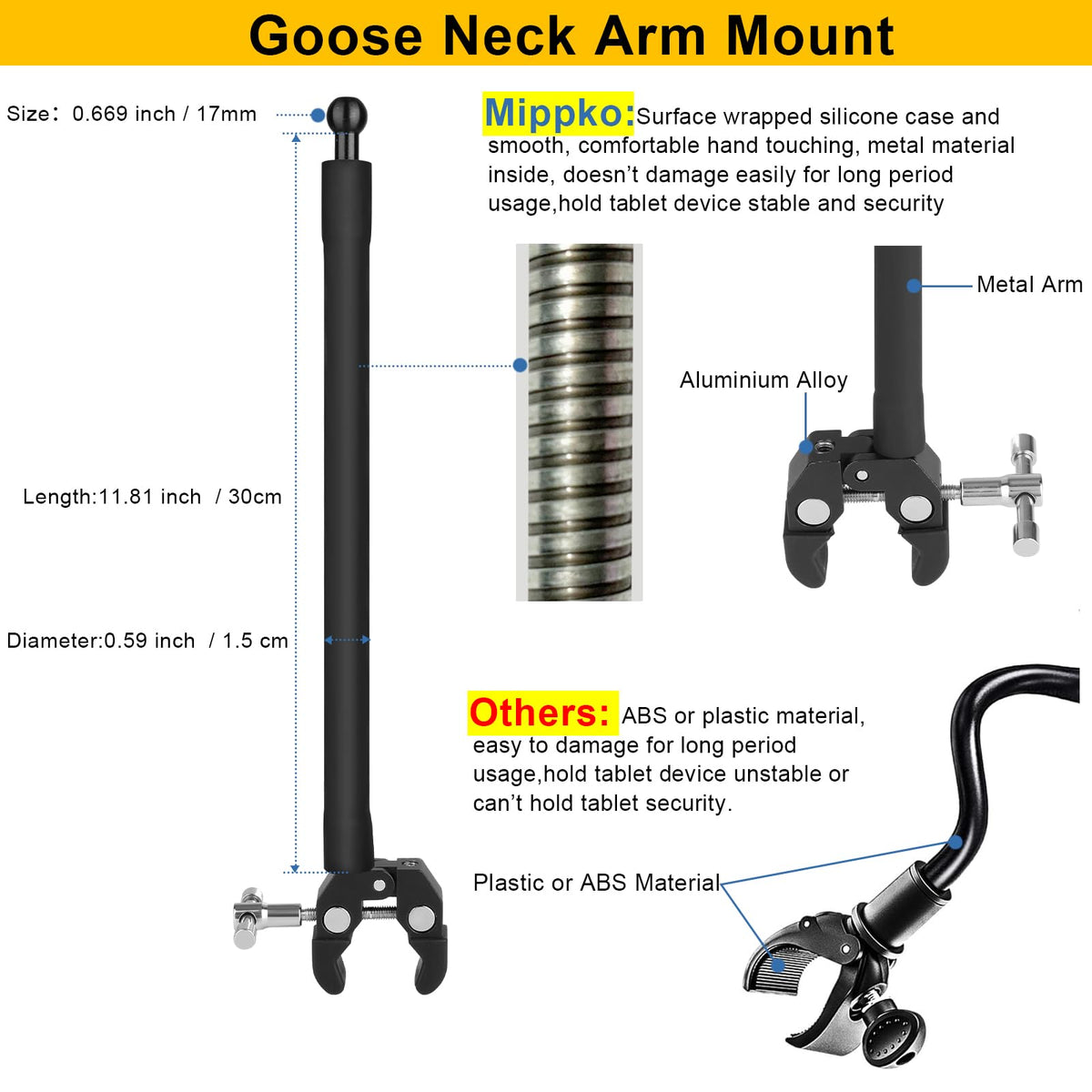 Mippko Tablet Holder for Treadmill/Elliptical/Spin Bike/Peloton/Indoor Cycle,Gooseneck Arm Super Crab Clamp Mount Compitable with 4.7~12.9" iPad/Nexus/LG G Pads/e-Reader/Switch/iPhone